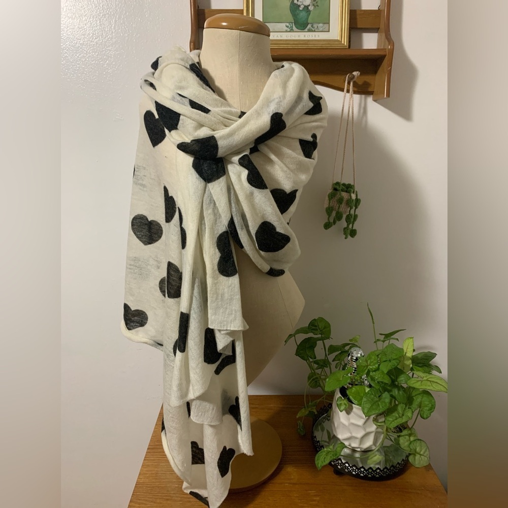 White with Black Heart Print Shawl or Scarf with Raw Edge